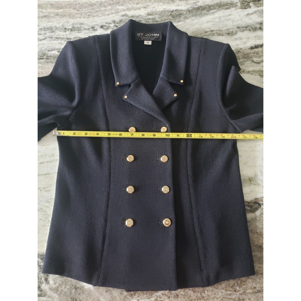 St John Collection Marie Gray Santana Knit Jacket Skirt Suit Black Sz 4 Gold Btn - Picture 15 of 16